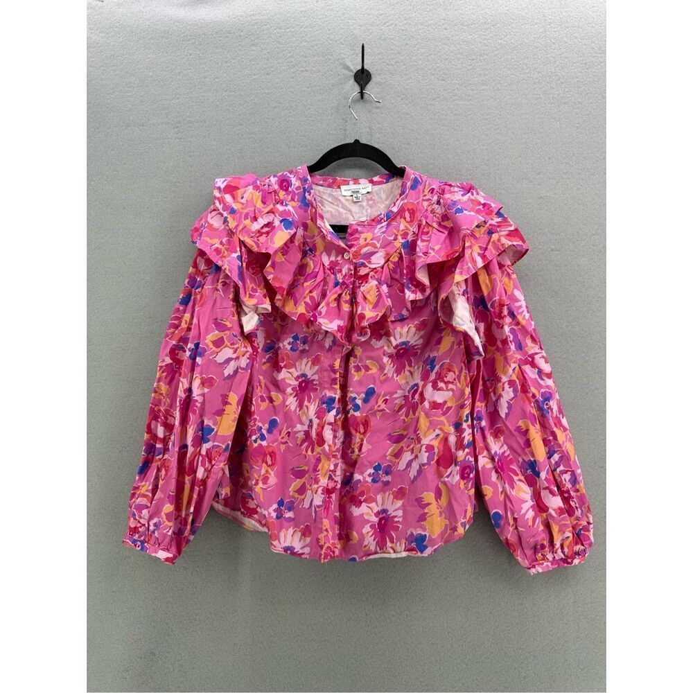 Something Navy Women Multicolor Floral Ruffle Puff Sleeve Button Shirt Large - Picture 3 of 8
